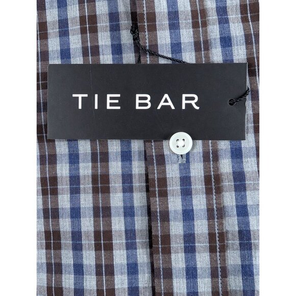 Tie Bar Trim Fit Blue Brown Plaid Button-Down Shirt Mens Small long Sleeve NWT - Picture 8 of 13